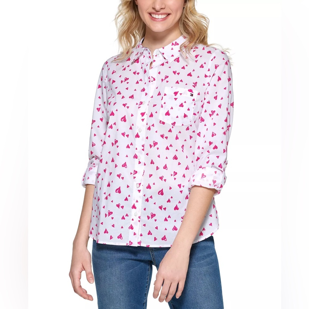 Tommy Hilfiger Flutter Hearts Button Down Blouse size M